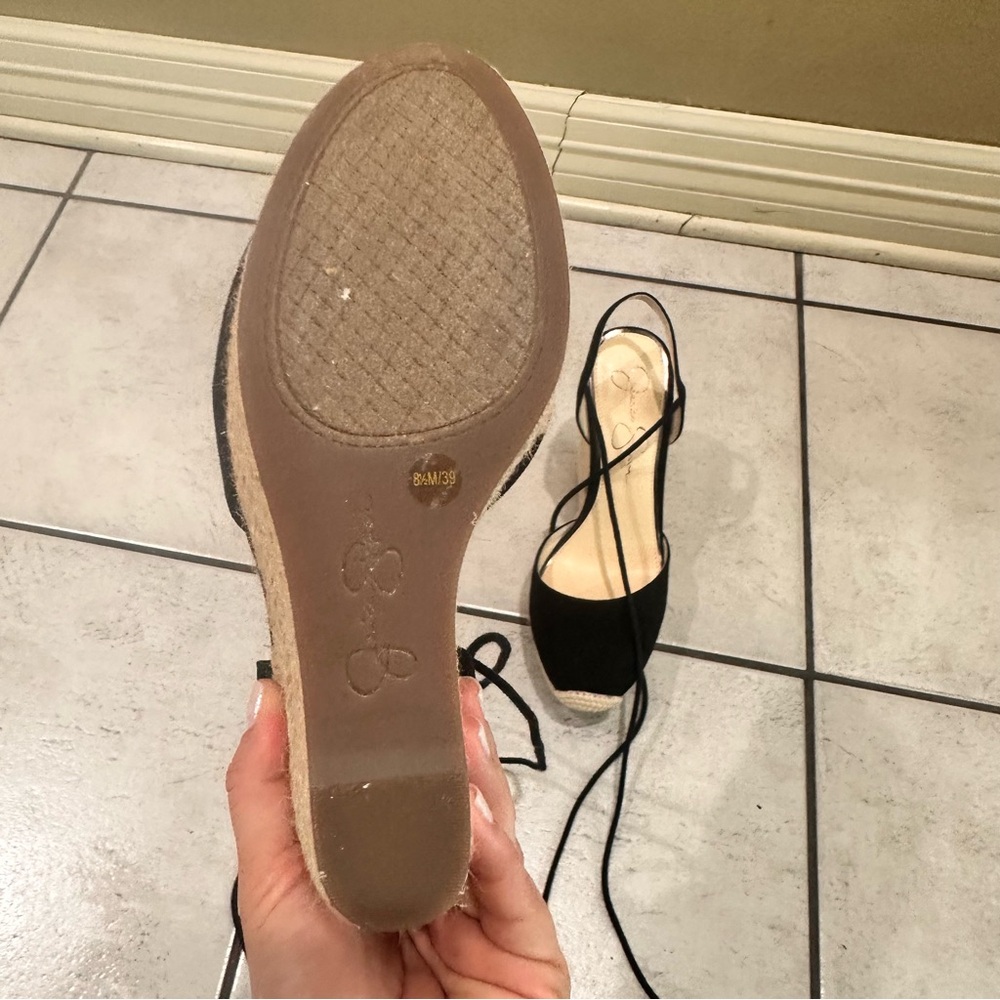 Jessica Simpson Black Espadrille Wedge Sandals with Wrap Ankle Ties - Picture 4 of 10